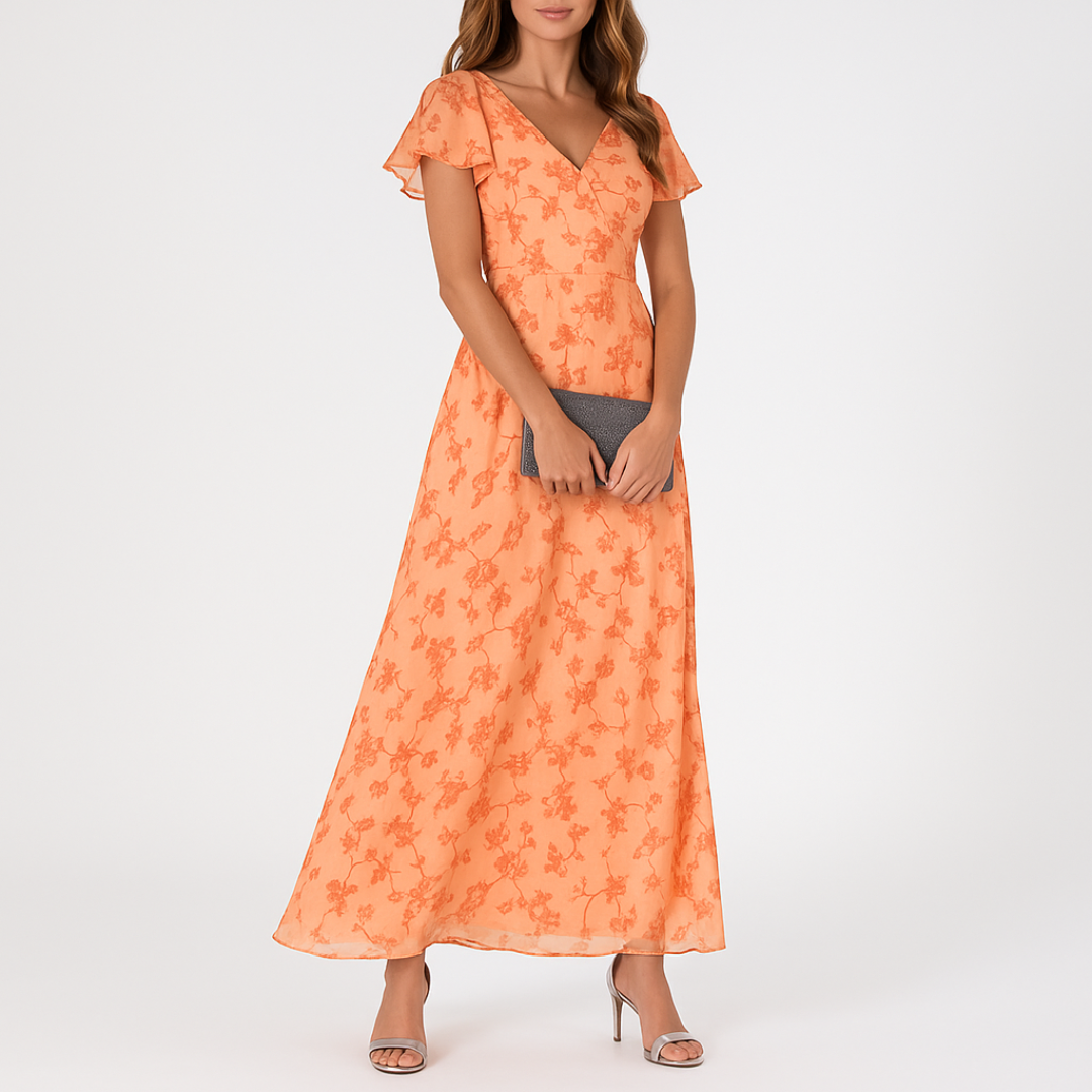 Floral Print Surplice V-Neck Flutter Sleeve Cinched Waist Chiffon Maxi Dress