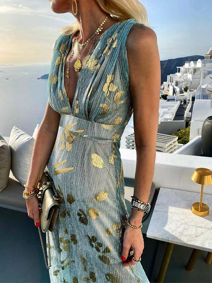 Deep V-Neck Sleeveless Empire Waist Metallic Foil Pleated Maxi Dress