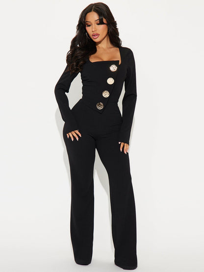 Metal Buttons U-neck Long Sleeve Jumpsuits