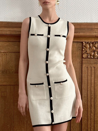 Color-blocked Knitting Pearl Button Sleeveless Mini&Short Dresses