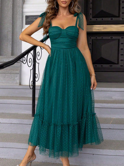 Polka Dots Strapless Shoulder Strap Mesh Splicing Sweet Maxi Dresses