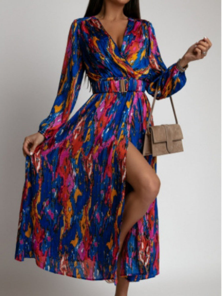 Printed Belts Wrap-up Maxi Dresses