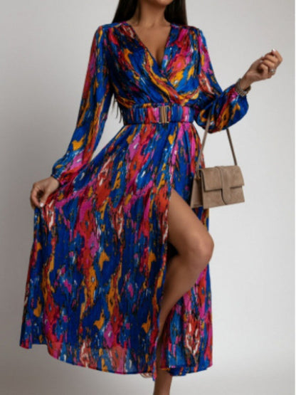 Printed Belts Wrap-up Maxi Dresses