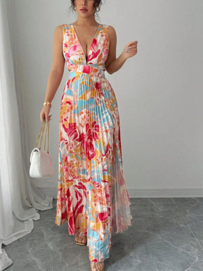 Sexy Deep V-neck Sleeveless Floral Print Maxi Dress With Slit Hem And Pleats