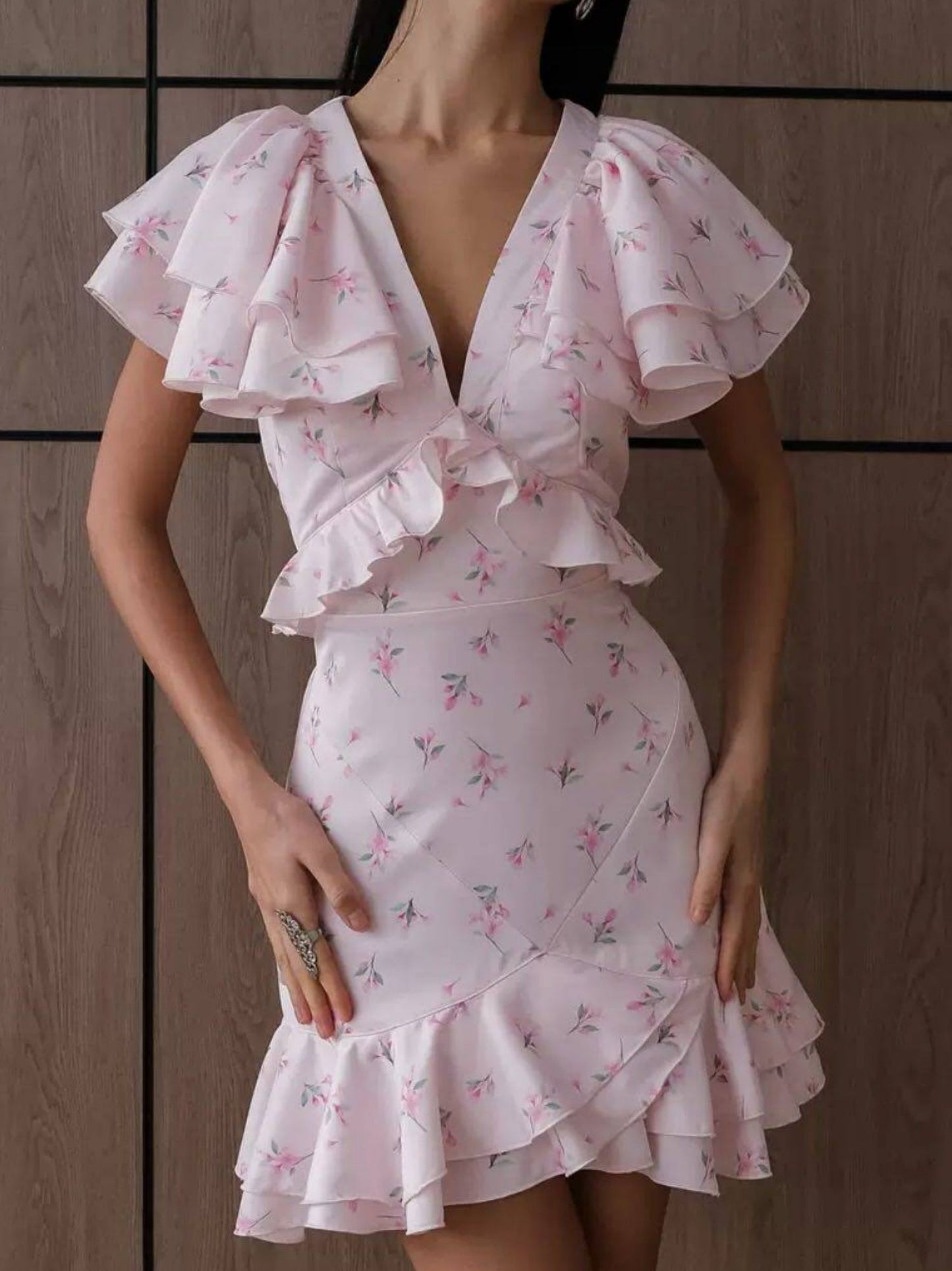 Floral Print Ruffled V-neck Mini&Short Dresses