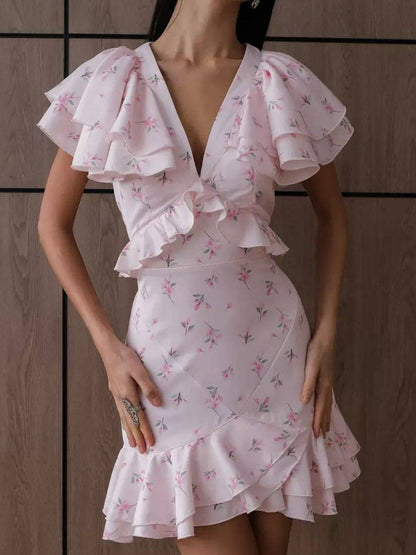 Floral Print Ruffled V-neck Mini&Short Dresses