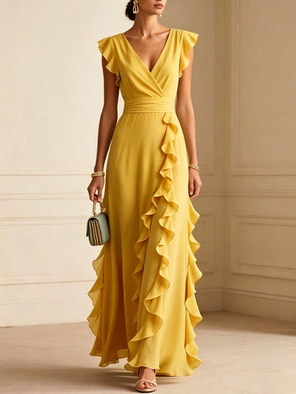Solid Color Pleated Short Sleeve V-neck Chiffon Long Dress