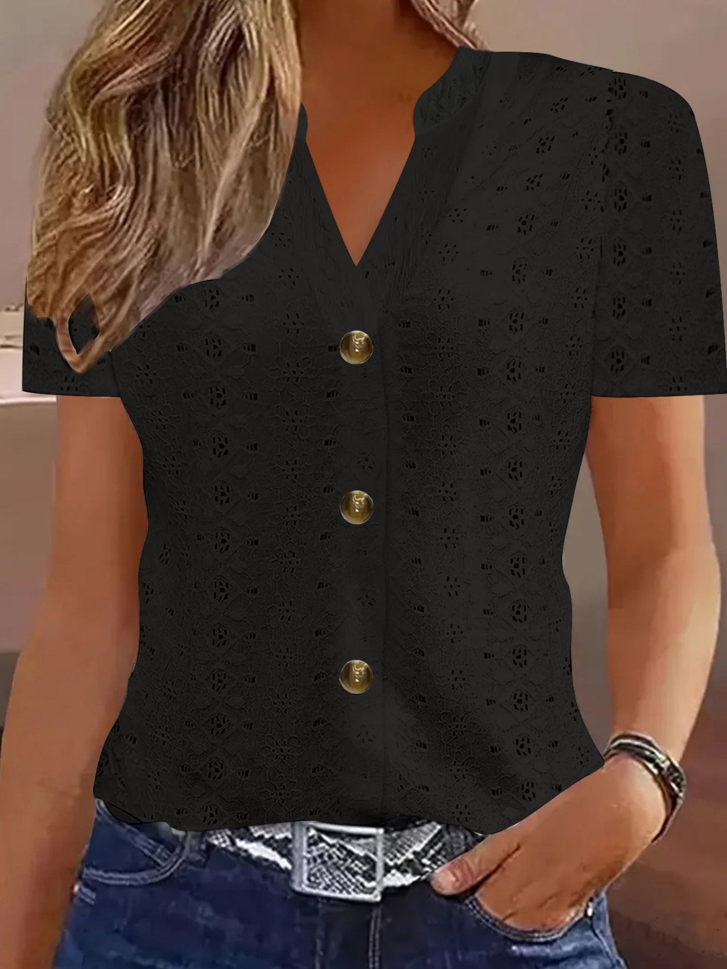 Knitting Buttons V-neck Short Sleeve T-shirts