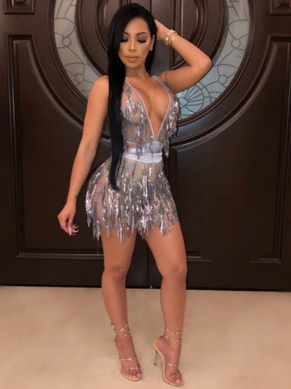 Sequined Two-piece Spliced Sexy Backless Nightclub Tie-up Dress