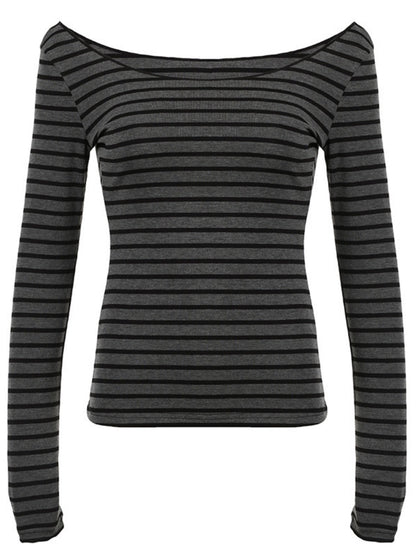 Striped Color Blocking Off-shoulder Slimming Off-shoulder Long-sleeved T-shirt