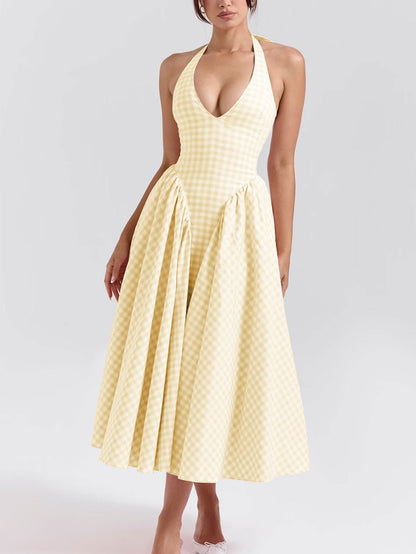 Gingham Plunge Halter Neck Fit and Flare Midi Dress