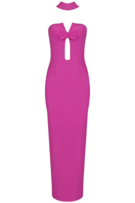 Strapless Sweetheart Bow Detail Teardrop Cutout Column Maxi Gown