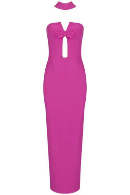 Strapless Sweetheart Bow Detail Teardrop Cutout Column Maxi Gown