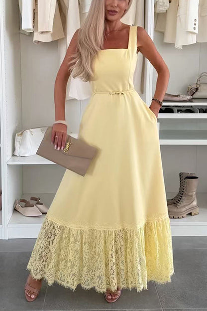 Square Neck Sleeveless Lace Splice Maxi Dress