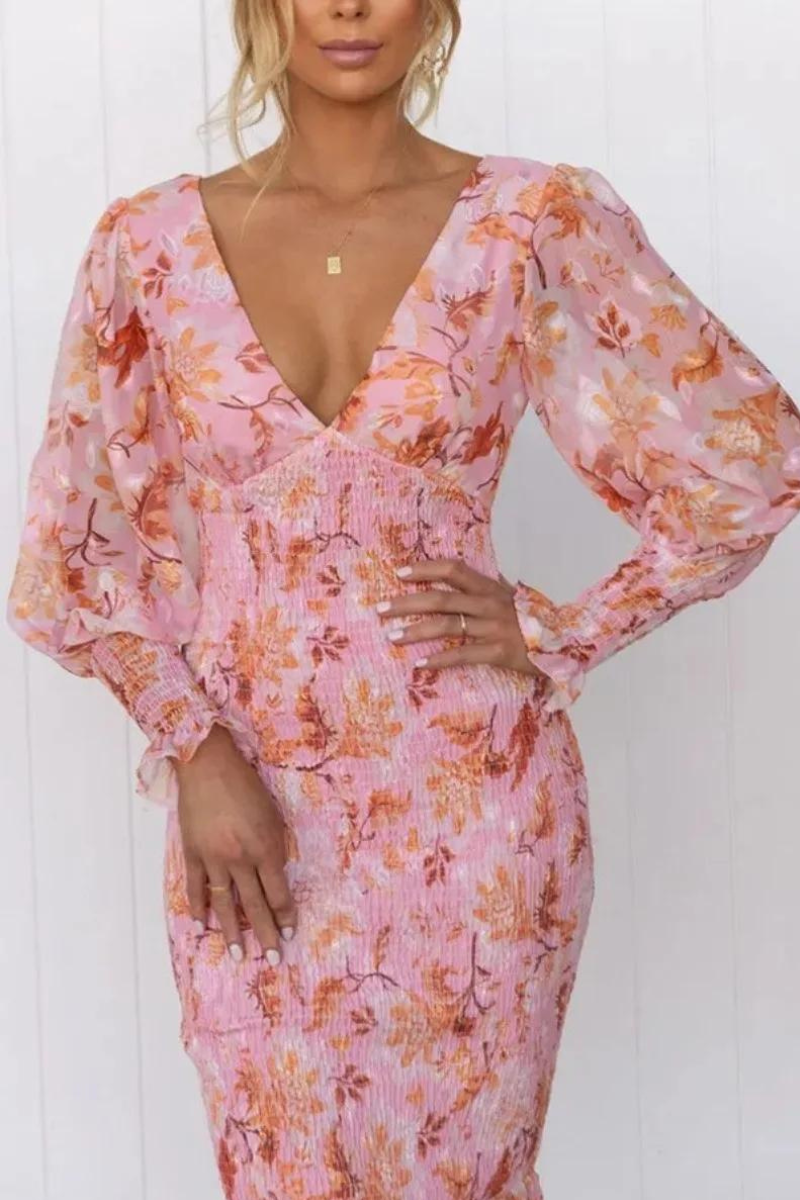 All Over Floral Print Deep V-Neck Bishop Sleeve Shirred Mermaid Flounce Hem Midi Dress