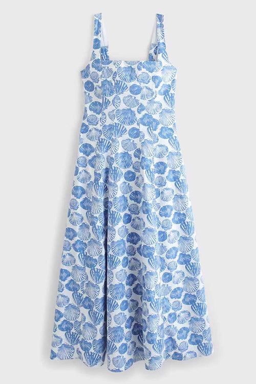 Square Neck Sleeveless Shell Print Pocketed Midi Dress