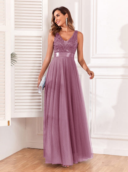 V-neck Embroidery Sequins Elegant Gauze Formal Dress Maxi Dresses