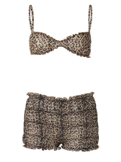 Leopard Print Lace Navel-style Tank Top Cake Shorts 2-piece Sets