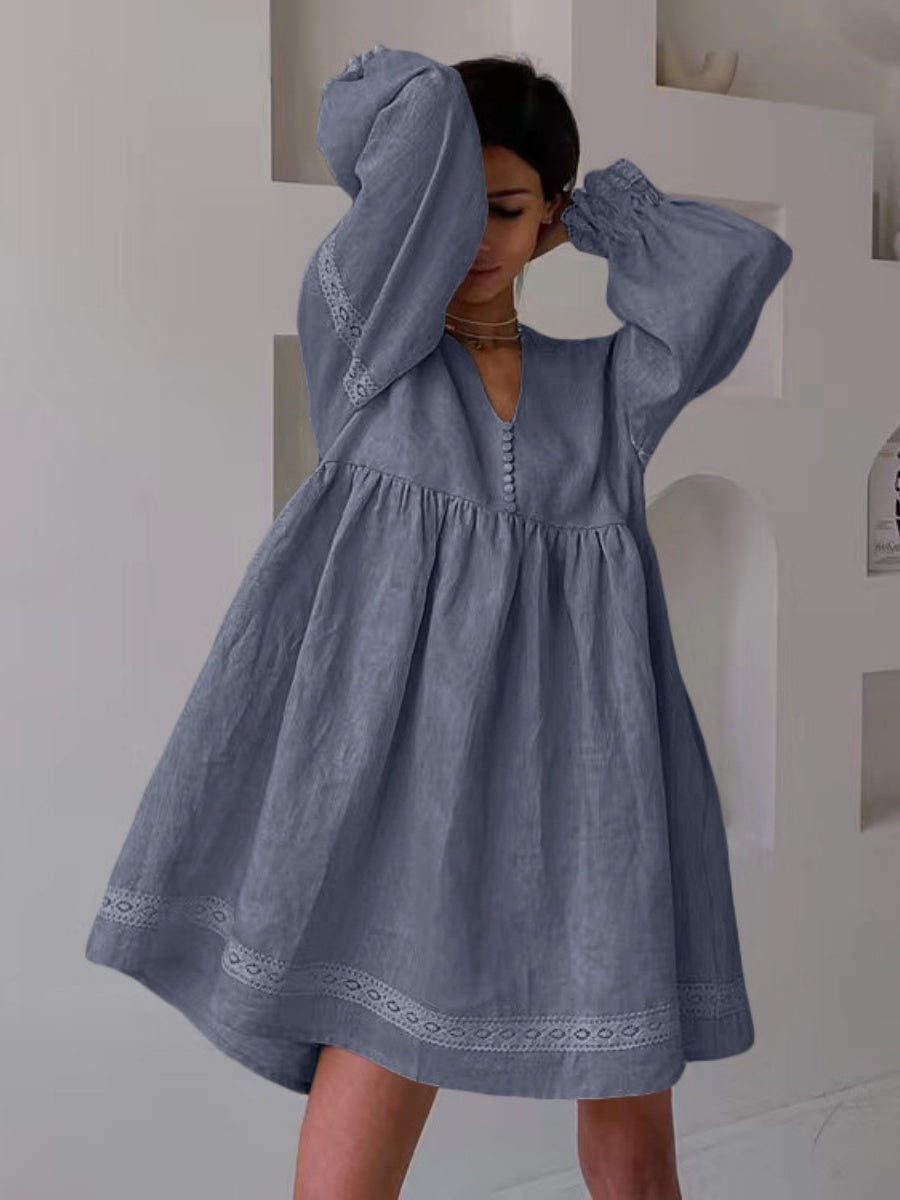 Cotton Blend Temperament V-neck Long Sleeve Loose-fit Home Vacation Mini&Short Dresses