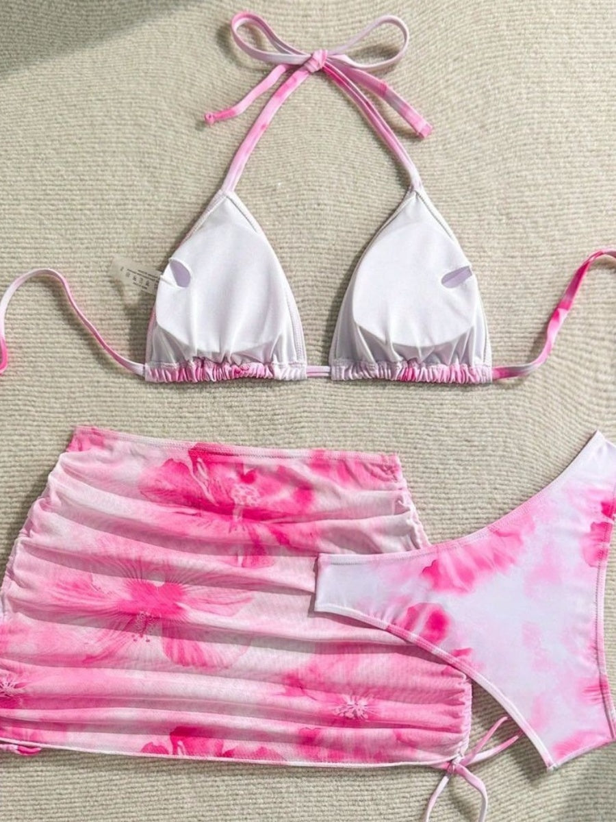 Printed Drawstring Halter Set 3-piece Sets Bikinis
