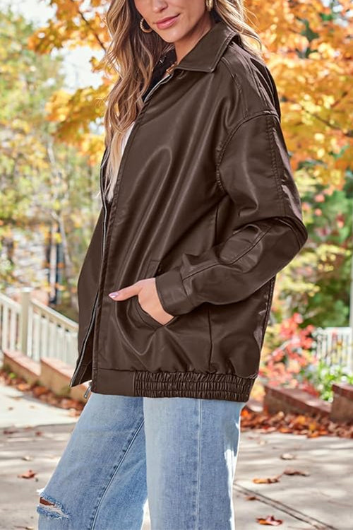 Margovil Lapel Zip Up Faux Leather Pocketed Jacket