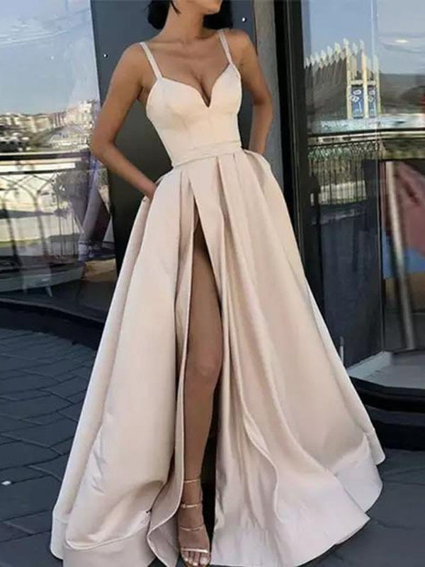 Solid Color Satin Spaghetti Strap Long Dress
