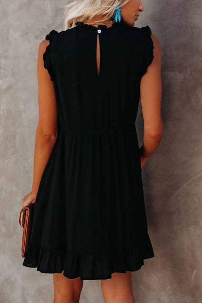 Ruffle Trim Crew Neck Empire Waist Babydoll Tiered Mini Dress