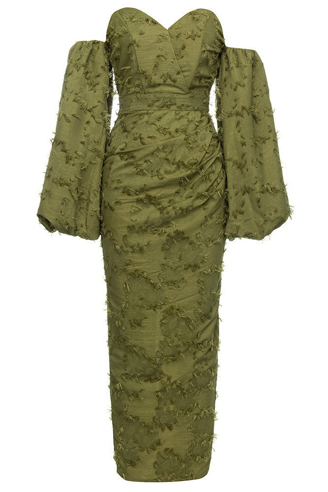 Off-the-Shoulder Fringe Knit Balloon Sleeve Back Slit Maxi Dress