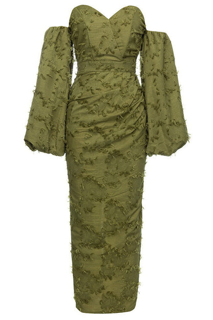 Off-the-Shoulder Fringe Knit Balloon Sleeve Back Slit Maxi Dress
