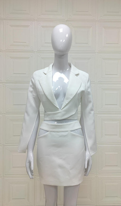 White Cutout Long Sleeve Blazer Dress