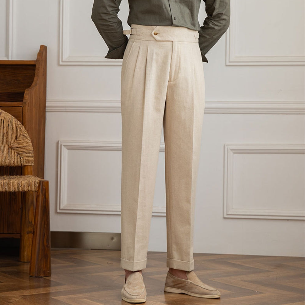 High Waist Pleated Trousers | Cotton Linen Blend | Straight Fit