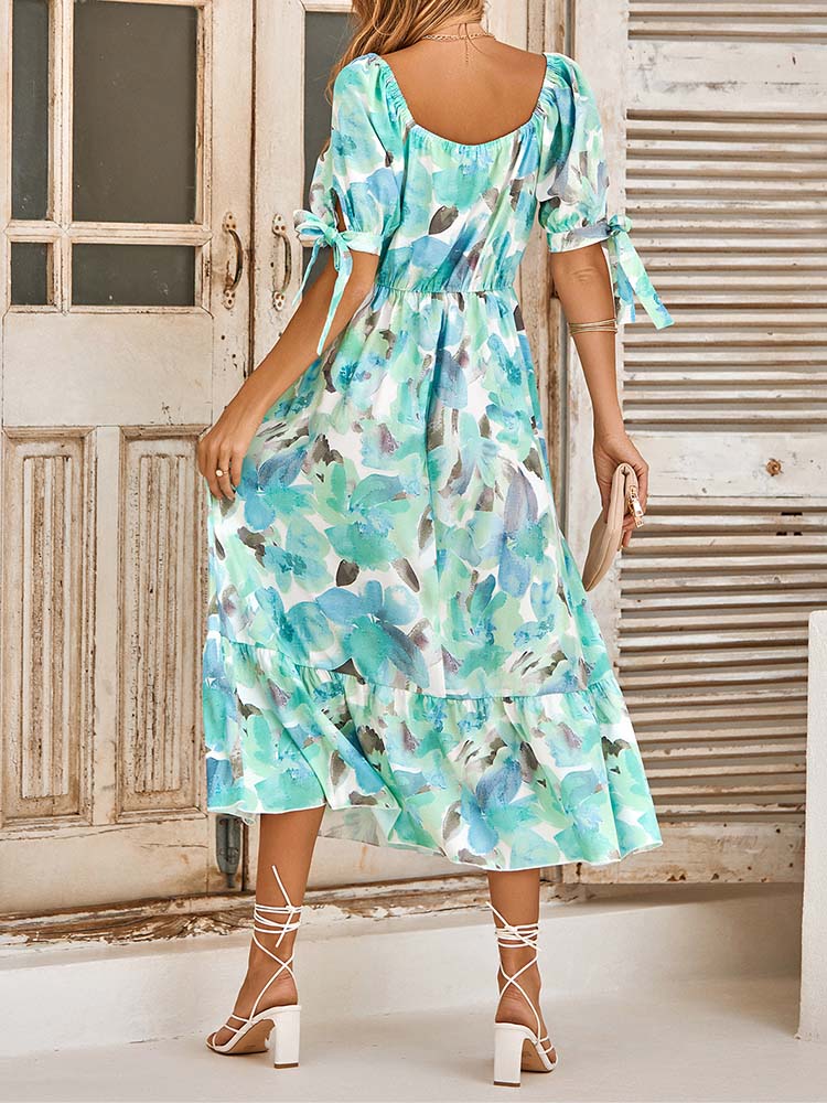 Floral Print Surplice V-Neck Tie Cuff Puff Sleeve Tiered Ruffle Midi Dress
