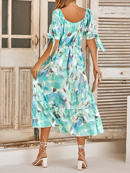 Floral Print Surplice V-Neck Tie Cuff Puff Sleeve Tiered Ruffle Midi Dress