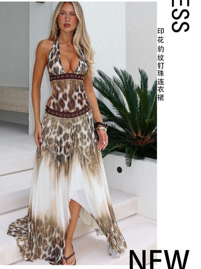 Halter Leopard Print Splicing Backless Beading Maxi Dresses