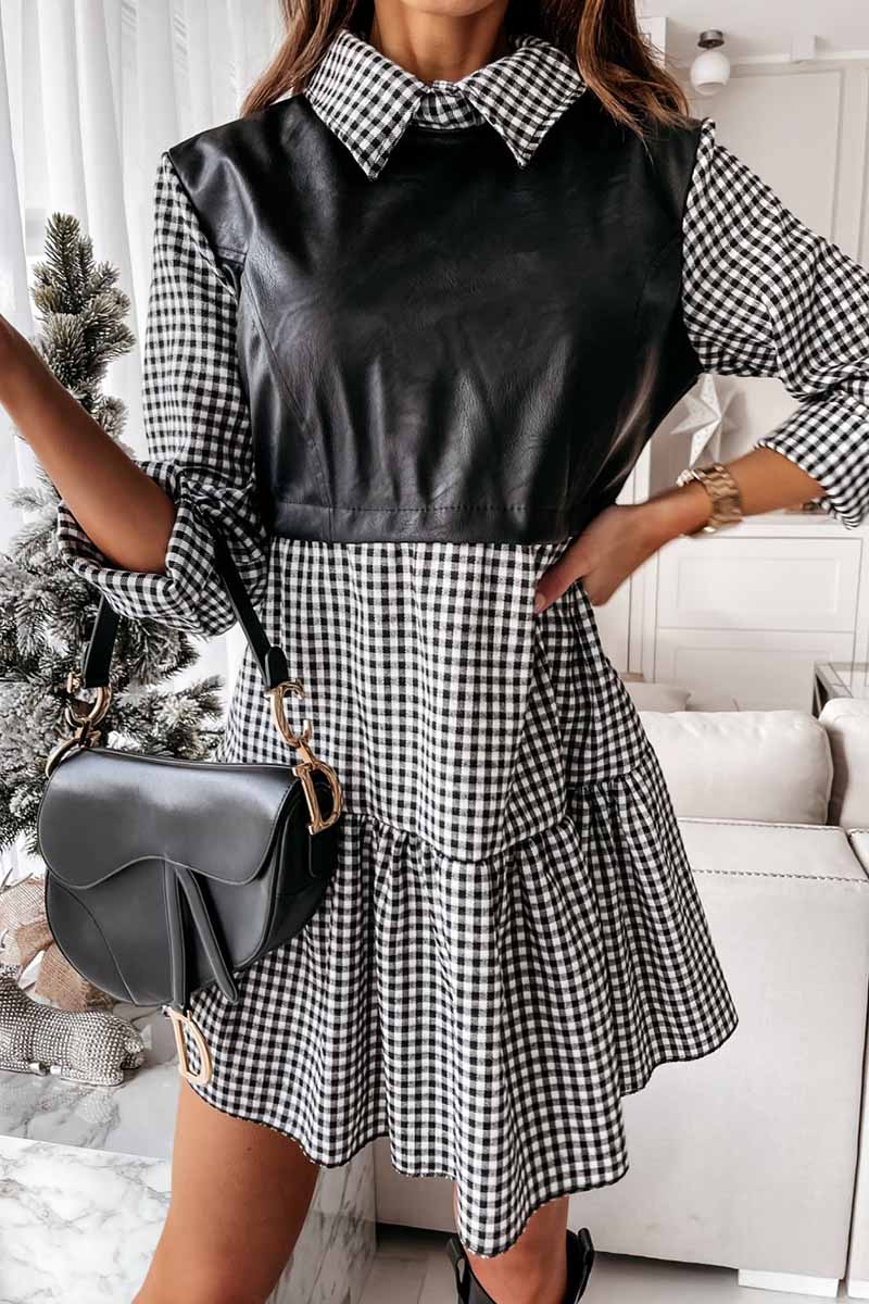Collared Shirt Sleeve Faux Leather Panel Tiered Ruffle Mini Dress