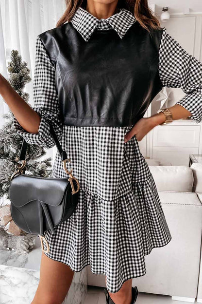 Collared Shirt Sleeve Faux Leather Panel Tiered Ruffle Mini Dress