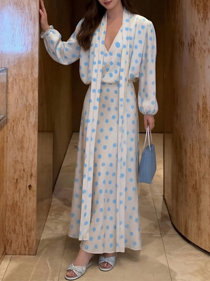 Polka Dots V-neck Puff Sleeves Waist Shaping Maxi Dresses