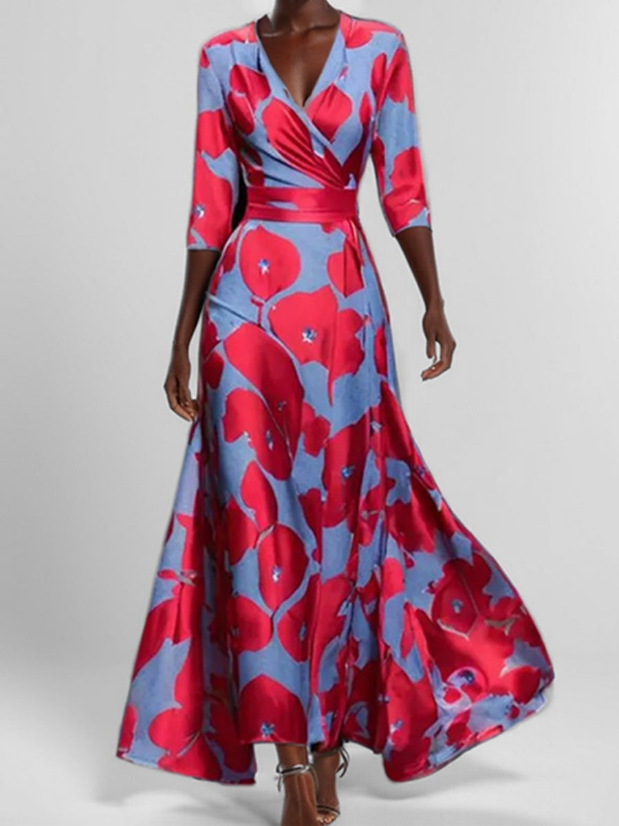 Pattern Printed Temperament V-neck Lace Up Large Skirt Maxi Dresses