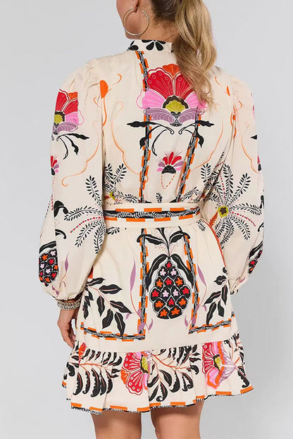 Puff Long Sleeves Button Up Floral Print Ruffle Mini Dress