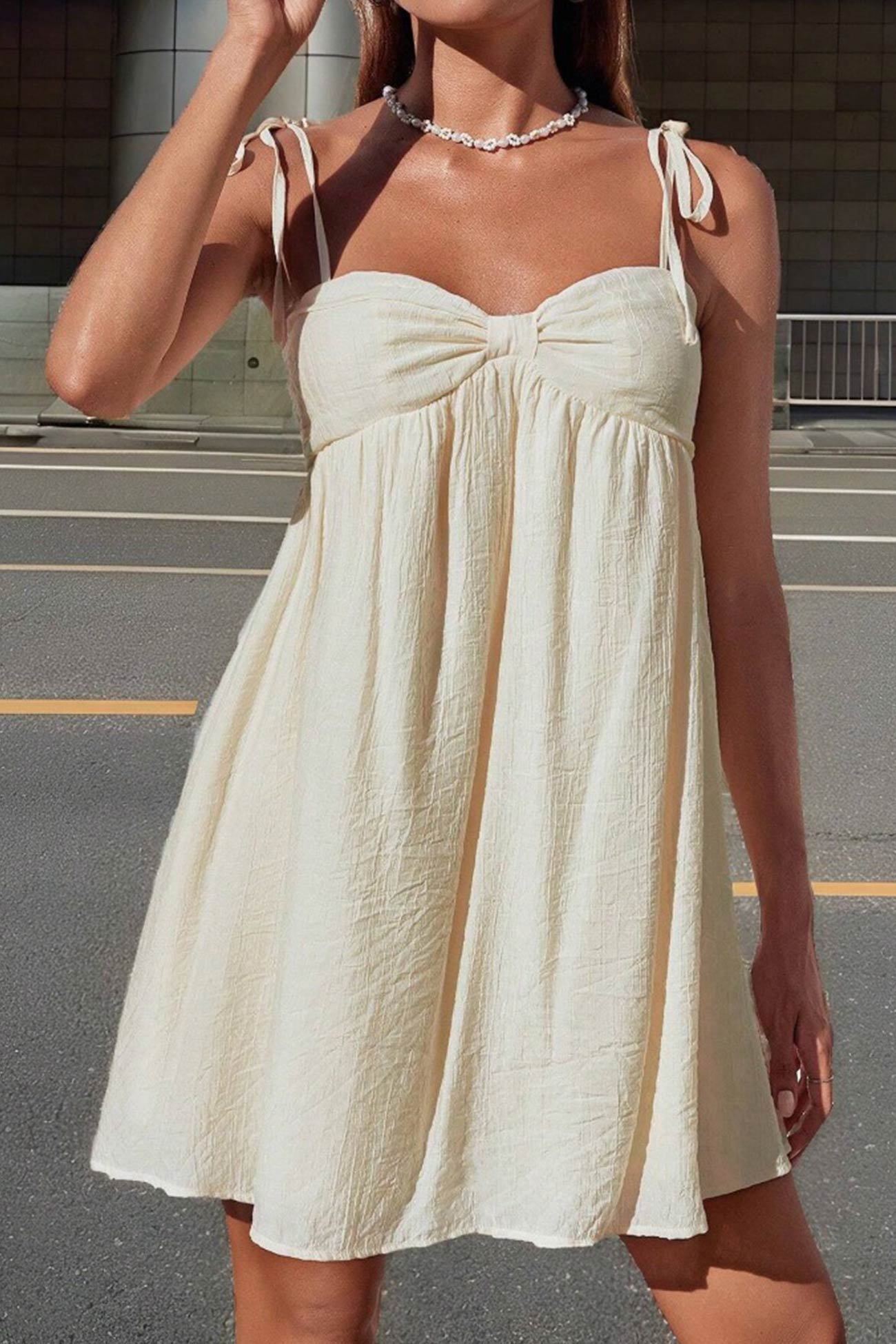 Tie Shoulder Sweetheart Crinkled Texture Babydoll Mini Dress