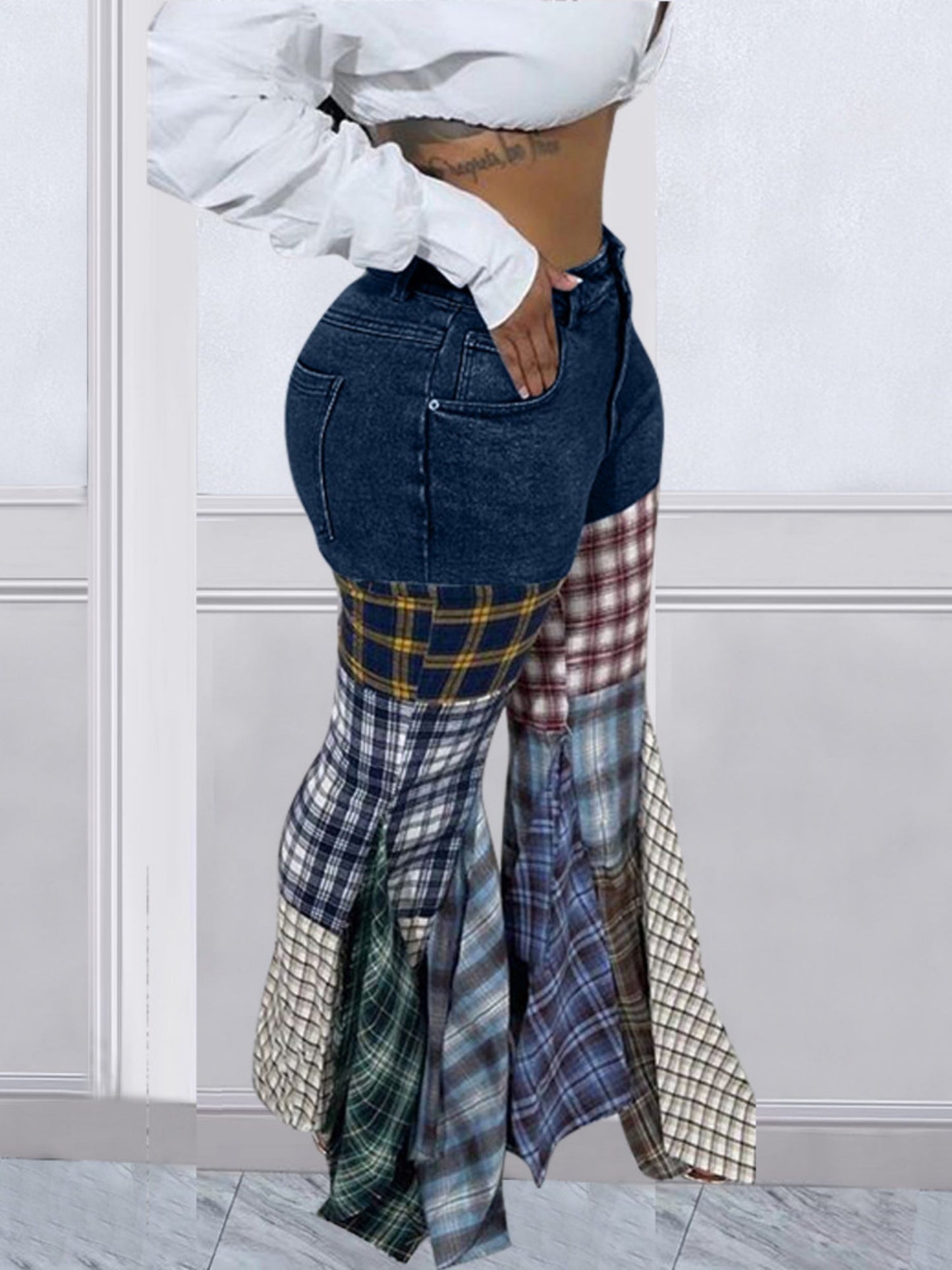 Houndstooth Pattern Flared Pants Ruffle Jeans