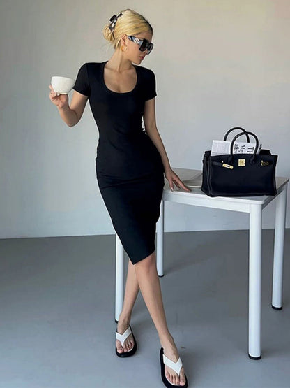 Slit Slim Fit Hip Body Square Neck Short Sleeve Mini&Short Dresses
