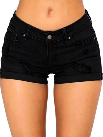 Denim Hole Flip-edge Slim-fit Shorts