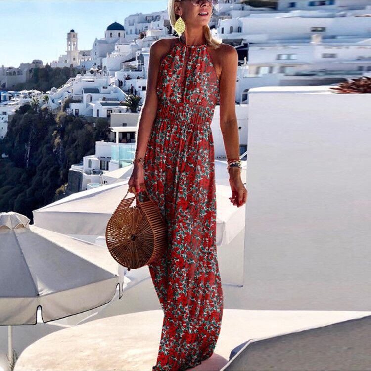 Paisley Print Halter Keyhole Smocked Waist Flowy Boho Maxi Dress