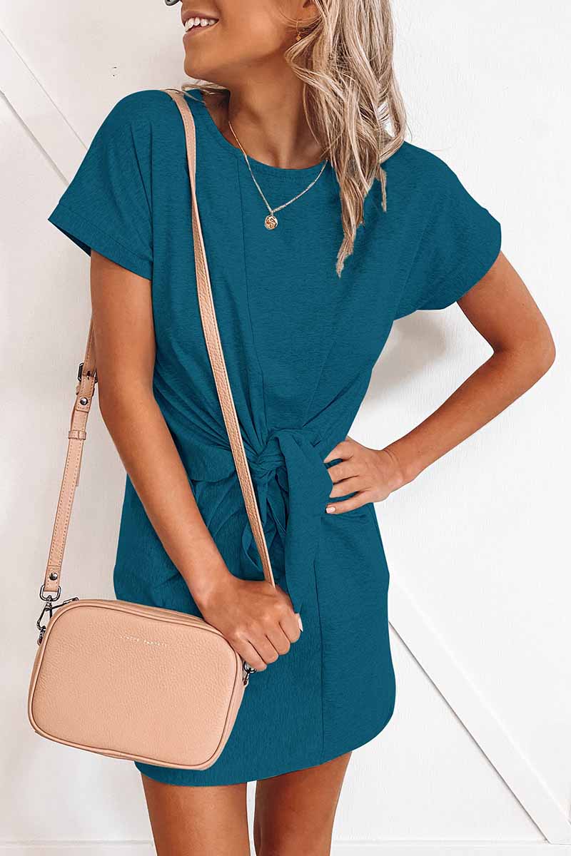 Tie Front Knotted Waist Crew Neck Cuffed Sleeve Jersey Mini Dress