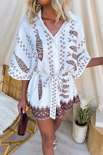 Half Sleeves Button Up Bow Waist Fish Print Romper