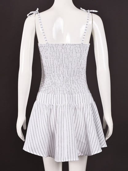 Stripes Pleated Straps Mini&Short Dresses