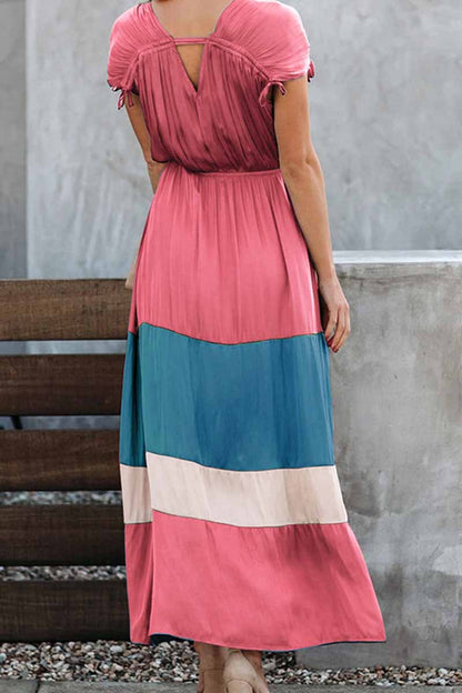 Wrap-Front V-Neck Tie Shoulder Tiered Colorblock Satin Maxi Dress