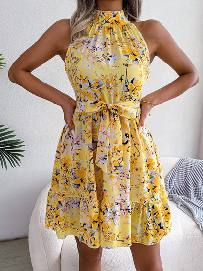 Printed Sleeveless Tie Mini Dress With A Full Skirt