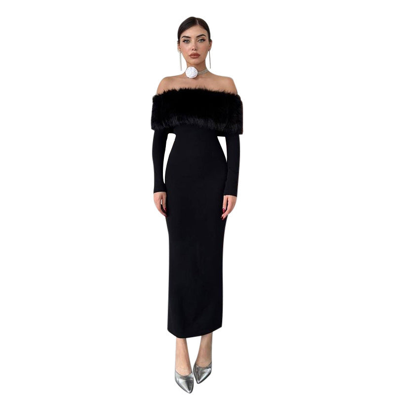 Onyx Fur Midi Dress - Black